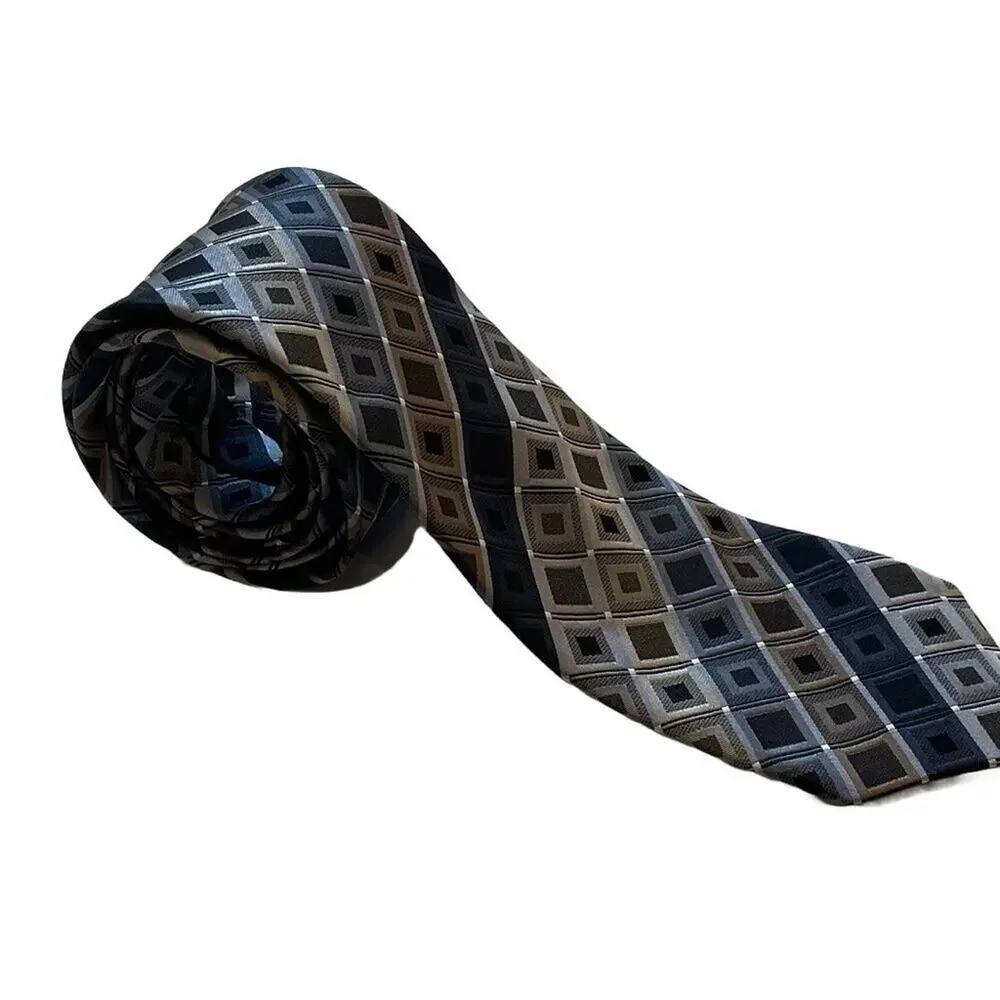 Kenneth Cole Silver, Gold, Black, Navy Silk Geometric Print Silk Tie 57